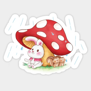 Cute Rabbit and Squirrels on a Rainy day Sticker